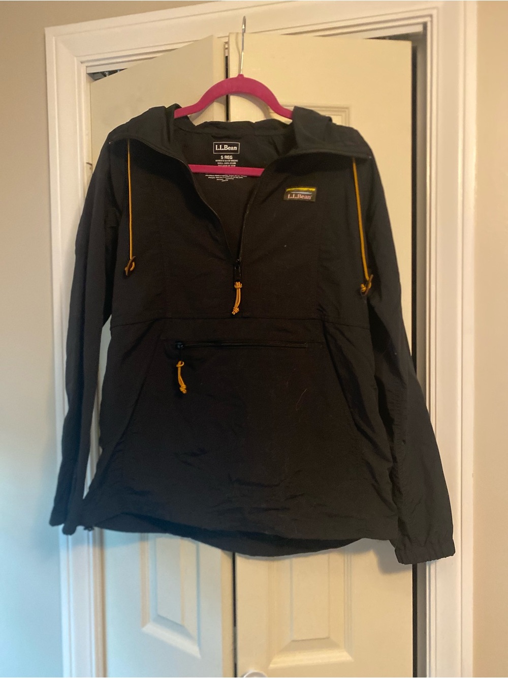 L.L.Bean Black Hooded Anorak with Yellow Logo Accent